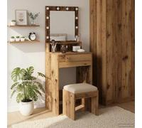 Hoopleep Coiffeuse aspect bois vieilli avec étagère, 50 x 41 x 135 cm, matériau en bois, table de maquillage avec éclairage miroir LED, espace de rangement pour chambre à coucher et chambre