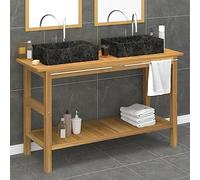 Hoopleep Double lavabo en bois de teck, vasques en marbre noir, 132 x 45 x 75 cm, armoire de salle de bain avec barre porte-serviettes, construction en bois massif, comprend 2 éviers en marbre, pour