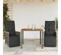 Hoopleep Ensemble bistro de jardin 3 pièces en polyrotin gris avec coussins, fauteuils de relaxation réglables et table en bois d'acacia, idéal pour l'extérieur terrasse et balcon
