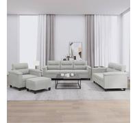 Hoopleep Ensemble canapé 4 pièces gris clair tissu microfibre structure métallique robuste avec coussins pour salon, 1 fauteuil, 2 places, canapé 3 places, avec repose-pieds, confortable, durable