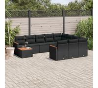 Hoopleep Ensemble de 11 meubles de jardin en polyrotin noir avec coussins, meubles d'extérieur résistants aux UV pour terrasse, balcon et jardin, plateau de table en bois d'acacia