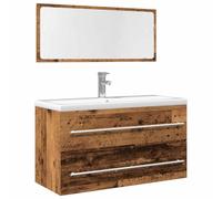 Hoopleep Ensemble de 2 meubles de salle de bain aspect bois vieilli 90 x 38,5 x 48 cm, avec miroir, grand espace de rangement pour salle de bain, résistant à l'humidité, durable