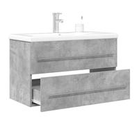 Hoopleep Ensemble de 2 meubles de salle de bain en bois gris béton, 80 x 38,5 x 48 cm, lavabo moderne en céramique, blanc, montage mural, combinaison avec espace de rangement pour salle de bain