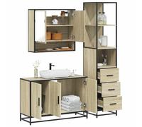 Hoopleep Ensemble de 3 meubles de salle de bain en bois de chêne Sonoma - Structure en métal - Meuble sous lavabo de 90 cm - Combinaison moderne pour rangement de salle de bain