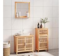 Hoopleep Ensemble de 3 meubles de salle de bain en bois de noyer massif élégant avec miroir, meuble de lavabo, armoire sur pied, grand rangement pour salle de bain