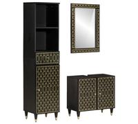 Hoopleep Ensemble de 3 meubles de salle de bain en bois massif mangue, noir, 62 x 33 x 58 cm, meuble sous-vasque, motif sculpté à la main, rangement de salle de bain, design moderne