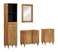 Hoopleep Ensemble de 4 meubles de salle de bain en bois massif mangue, marron miel, sculpté à la main, 62 x 33 x 58 cm, meuble sous-vasque, rangement spacieux pour salle de bain, design moderne