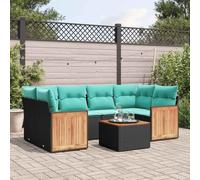 Hoopleep Ensemble de 7 canapés de jardin modulaires en rotin synthétique noir avec coussins bleus, pour terrasse et extérieur, meubles durables avec table en bois d'acacia