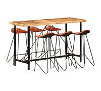 Hoopleep Ensemble de bar 7 pièces en bois d'acacia massif, cuir véritable marron, noir, 180 x 70 x 107 cm, ensemble de meubles de salle à manger pour cuisine, salon