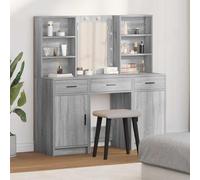 Hoopleep Ensemble de coiffeuse avec miroir LED - 3 pièces - En bois Sonoma gris - Espace de rangement pour maquillage - Idéal pour chambre à coucher et chambre d'adolescent
