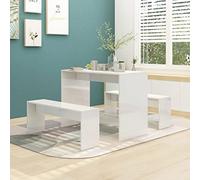 Hoopleep Ensemble de salle à manger 3 pièces blanc brillant, ensemble de salle à manger en bois pour petites cuisines, table moderne avec deux bancs, meubles durables