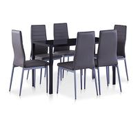 Hoopleep Ensemble de salle à manger 7 pièces, gris, table à manger moderne en verre trempé et 6 chaises en cuir synthétique, ensemble de meubles de cuisine pour salle à manger et petits espaces