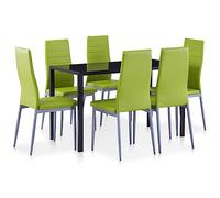 Hoopleep Ensemble de salle à manger 7 pièces vert avec 6 chaises, verre trempé et cuir synthétique, 120 x 60 x 74 cm, pour salle à manger, cuisine, salon, design moderne