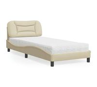 Hoopleep Hvar Lit crème avec matelas, 90 x 190 cm en tissu rembourré à plate-forme, construction en métal durable et bois massif, matelas réversible en mousse H2/H3 pour un confort et un soutien