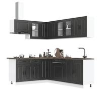 Hoopleep Kalmar Ensemble de 11 meubles de cuisine en bois noir en verre avec pieds réglables, grand espace de rangement, kitchenette moderne pour salle à manger et bar