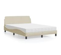 Hoopleep Lit à plateforme de Dover Queen Size avec matelas, tissu crème, cadre rembourré, 120 x 200 cm, lattes en pin massif et métal, matelas en mousse H2/H3 inclus pour un confort optimal