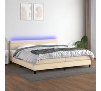 Hoopleep Lit à ressort en tissu crème avec LED, matelas King Size 200 x 200 cm, tête réglable, matériau polyester durable, système de ressort intégré pour un confort optimal