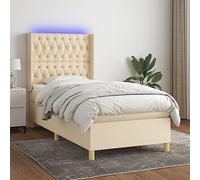 Hoopleep Lit à sommier tapissier avec matelas et LED, crème, 90 x 190 cm, housse en tissu, tête de lit réglable en hauteur, matelas à ressorts ensachés, surmatelas doux pour la peau, sommeil