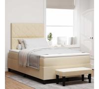 Hoopleep Lit à sommier tapissier crème avec matelas, 120 x 200 cm, tête de lit réglable, cadre en bois robuste, rembourrage en mousse pour plus de confort, design en tissu élégant, meuble de chambre à