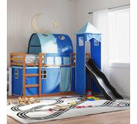 Hoopleep Lit Bunk en bois avec glissière, rideaux bleus, rail de sécurité, cadre en bois de pin massif, base mate 90 x 200 cm, lit bas amusant pour enfants pour jouer et dormir, lattes durables