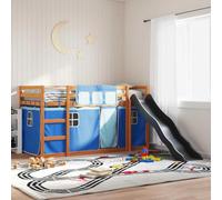Hoopleep Lit Bunk en bois, avec glissières et rideaux bleus, cadre en bois de pin massif, 90 x 200 cm, zone de jeu amusante pour enfants, rails de sécurité, échelle intégrée, lattes robustes, chambre