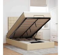 Hoopleep Lit de rangement ottoman avec matelas et lumières LED, cadre de lit rembourré en tissu crème, 120 x 200 cm, matelas à ressorts de poche intégré, élévateur hydraulique