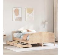 Hoopleep Lit en bois de pin massif sans matelas 140 x 190 cm avec sommier à lattes, tête de lit et 2 tiroirs, cadre de lit robuste pour chambre à coucher, pin massif non traité