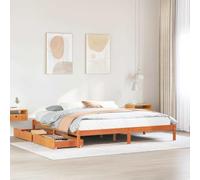 Hoopleep Lit en bois massif sans matelas, marron cire, 200 x 200 cm, cadre de lit en pin avec sommier à lattes et 2 tiroirs à roulettes, lit queen size robuste, pour chambre à coucher