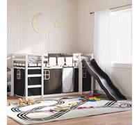 Hoopleep Lit loft blanc et noir avec glissières et rideaux, cadre en bois de pin massif, 90 x 200 cm, pour chambre à coucher, solution de sommeil amusante, diapositive anthracite