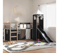 Hoopleep Lit loft en bois, avec glissières et rideaux, blanc et noir, 90 x 190 cm, cadre en bois de pin massif, zone de jeu amusante pour enfants, gardes de sécurité et échelle, pas de boîte à ressort