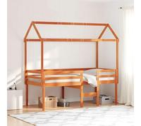 Hoopleep Lit mezzanine en pin massif marron ciré avec toit, 75 x 190 cm, cadre simple, design peu encombrant pour enfants, chambre d'adolescent, sommeil en toute sécurité avec garde-corps, solution de