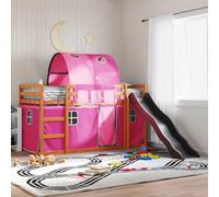 Hoopleep Lit mezzanine pour enfant avec toboggan et rideaux, rose, 90 x 200 cm, cadre de lit en pin massif, protection sûre contre les chutes, avec échelle, lit de jeu pour chambre d'enfant