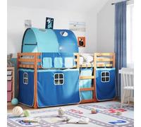 Hoopleep Lit superposé en pin massif avec rideaux, bleu, 90 x 200 cm, robuste, avec protection anti-chute et échelle, design peu encombrant pour chambre d'enfant, kit de rideaux inclus
