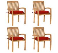 Hoopleep Lot de 4 chaises de jardin empilables avec coussins, en teck massif, résistantes aux intempéries, pour terrasse extérieure, 60 x 57,5 x 90 cm, rouge, robustes et durables