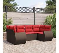 Hoopleep Lot de 6 canapés de jardin en rotin synthétique marron avec coussins rouges, modulables pour terrasse, balcon et jardin, résistants aux UV, capacité de charge de 110 kg