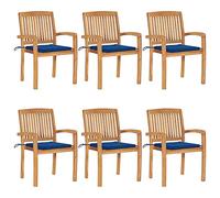 Hoopleep Lot de 6 chaises de jardin empilables avec coussins, bois de teck massif, 60 x 57,5 x 90 cm, résistantes aux intempéries, pour salle à manger et terrasse, bleu roi