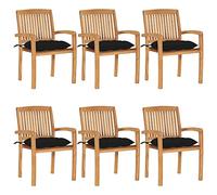 Hoopleep Lot de 6 chaises de jardin empilables en bois de teck avec coussins, bois massif pour salle à manger et terrasse, résistantes aux intempéries, noir, 60 x 57,5 x 90 cm