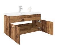 Hoopleep Meuble de lavabo aspect bois vieilli 90 x 38,5 x 46 cm avec bac encastrable en céramique, robinet, bonde pop-up pour rangement de salle de bain