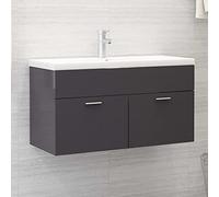Hoopleep Meuble de lavabo gris brillant avec bac encastrable en céramique, 90 x 38,5 x 46 cm, combinaison de meubles de salle de bain pour salle de bain moderne, avec robinet et bonde d'évacuation
