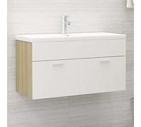 Hoopleep Meuble de rangement sous lavabo avec bac encastrable, blanc, chêne Sonoma, 90 x 38,5 x 46 cm, en céramique, meuble de salle de bain moderne, combinaison de rangement