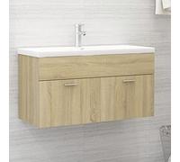 Hoopleep Meuble sous-lavabo en chêne Sonoma 90 x 38,5 x 46 cm, avec bac encastrable en céramique, blanc, moderne, combinaison de meubles de salle de bain, pour rangement de salle de bain