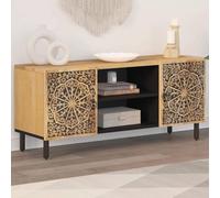 Hoopleep Meuble TV 105 x 33 x 46 cm, bois massif de mangue, sculpté à la main, support TV robuste pour salon, divertissement