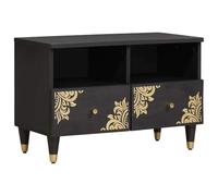 Hoopleep Meuble TV avec étagère, noir, 70 x 33 x 46 cm, en bois de manguier massif, design moderne, avec tiroir et poignées en laiton, pour le rangement du salon