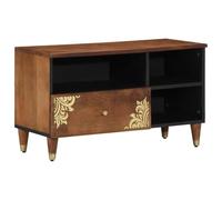 Hoopleep Meuble TV en bois massif de mangue, marron miel, 80 x 33 x 46 cm, avec boutons en laiton et sérigraphie dorée, meuble multimédia élégant pour le salon