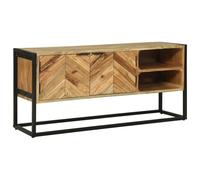 Hoopleep Meuble TV marron en bois d'acacia massif, 110 x 30 x 50 cm, avec 2 portes, support robuste pour électronique grand public, idéal pour le salon et la chambre à coucher