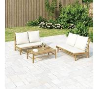 Hoopleep Salon de jardin 2 pièces en bambou naturel, coussins blanc crème, 115 x 85,5 x 73,5 cm, banc pour terrasse, balcon, salon de jardin
