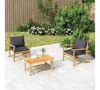Hoopleep Salon de jardin 3 pièces en bambou naturel avec coussins sombres, chaises confortables pour terrasse extérieur, extensible modulaire, pour des heures de détente