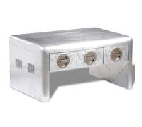 Hoopleep Table à café style avion vintage, 80 x 50 x 40 cm, cadre en bois massif avec feuilles en aluminium poli, 3 tiroirs doublés avec tissu en coton noir, accents en acier rivé, pour salon