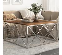 Hoopleep Table basse argentée en bois massif et acier inoxydable, 100 x 100 x 50 cm, avec plateau de 25 mm, table d'accent facile d'entretien pour les collations et la décoration