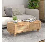 Hoopleep Table basse pour salon, 80 x 40 x 30 cm, bois d'ingénierie et bois de pin massif, table basse moderne avec 2 tiroirs de rangement en rotin, tables de salon stables